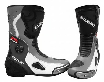 Suzuki Racing Motorcycle Boots – Cowhide Leather Sport Biker Boots for Men