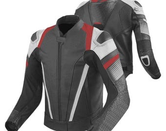 Chaqueta de motociclismo de piel de vaca negra para hombre con diseño de rayas blancas