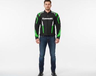 Blouson moto de course en cuir de vachette noir et vert Kawasaki pour homme, style motard