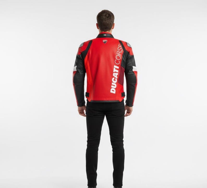 Puede incluir: Chaqueta de moto roja y negra con el texto "DUCATI CORSE" impreso verticalmente en la espalda. La chaqueta tiene mangas negras y detalles blancos en los hombros. La persona lleva pantalones negros.