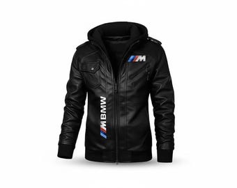 Blouson motard à capuche BMW en cuir de vachette M Style pour homme