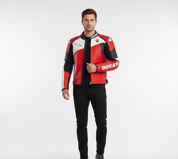 Ducati Corse Motorcycle Jacket Red White Black | Racing Leather Biker Jacket | Moto Streetwear Gear