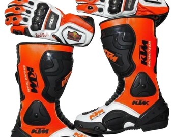 KTM MotoGP Sportbike Leather Boots and Gloves Set with Handmade Construction