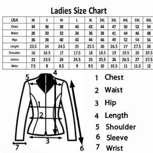 Puede incluir: Tabla de tallas para mujer con medidas en pulgadas para pecho, cintura, cadera, largo, hombro, manga y mu&ntilde;eca. Un diagrama de una chaqueta ilustra los puntos de medici&oacute;n. Incluye tallas de XS a 6XL.