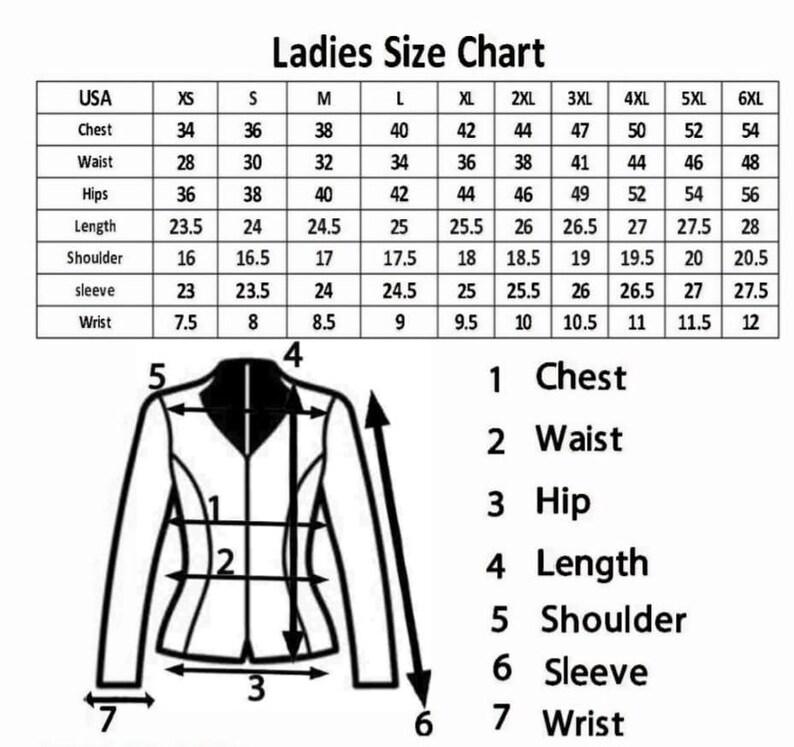 Puede incluir: Tabla de tallas para mujer con medidas en pulgadas para pecho, cintura, cadera, largo, hombro, manga y mu&ntilde;eca. Un diagrama de una chaqueta ilustra los puntos de medici&oacute;n. Incluye tallas de XS a 6XL.