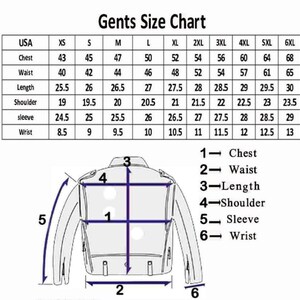 Puede incluir: Una tabla de tallas etiquetada como "Gents Size Chart" con medidas en pulgadas para pecho, cintura, largo, hombro, manga y mu&ntilde;eca. Un diagrama de una chaqueta ilustra d&oacute;nde medir.