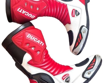Bottes de moto en cuir de vachette rouges et blanches Ducati - Bottes de protection de motard de style course