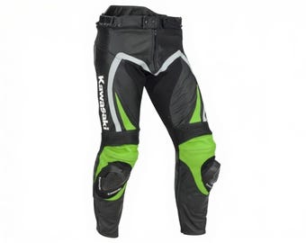 Pantalon de course moto en cuir Kawasaki conçu pour les pilotes ninja avec protection CE