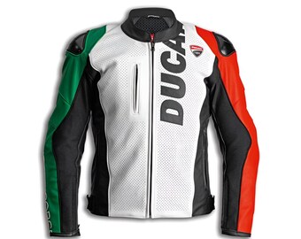 Blouson moto Ducati Racing en cuir de vachette avec armure CE, blanc et rouge