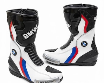 Bottes de moto de course style BMW Motorrad en cuir blanc Équipement de protection du motard