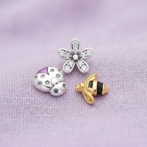 S.Silver Bee Ladybug Flowers Petite Floating Locket Charms Set