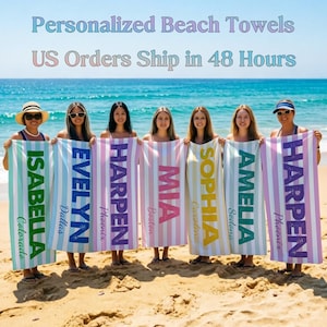 May include: Seven rectangular beach towels featuring vertical stripes in various pastel colors. Each towel is personalized with a large name in a bold, solid color and a smaller location name underneath. The text reads Isabella, Evelyn, Harpen, Mia, Sophia, Amelia, and Harpen.