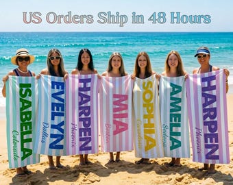 Personalized Girls' Trip Beach Towels, Custom Beach Towels, Coastal Pool Towel, Bridesmaid Gift, Summer Vacation Pool Towel & Birthday Gifts