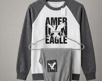 Mens American Eagle Raglan Sweatsuit Hoodie Joggers Printed Logo Fleece Tracksuit Polo Streetwear