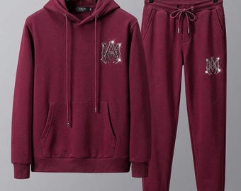 Unisex Amiri Men's Two-Piece Burgandy Fleece Tracksuit Set with Sparkle Goth Logo