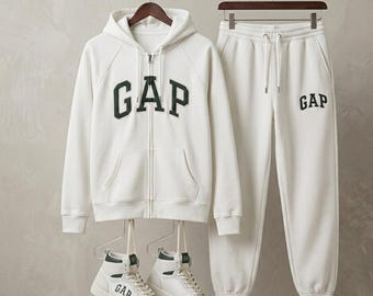 Mens Gap Cream Sweatsuit Hoodie Joggers Printed Logo Fleece Tracksuit Polo Streetwear