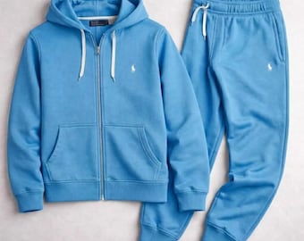 Mens Polo Ralph Lauren Sky BlueSweatsuit Hoodie Joggers Printed Logo Fleece Tracksuit Polo Streetwear