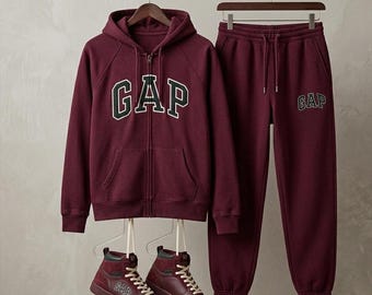 Mens Gap Burgundy Sweatsuit Hoodie Joggers Printed Logo Fleece Tracksuit Polo Streetwear