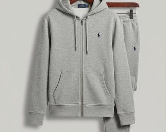 Mens Grey Polo Style Ralph Lauren Look Fleece Zip Hoodie Sweatpants Tracksuit Set Men