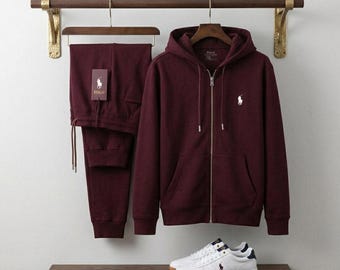 Mens Polo Ralph Lauren Burgundy Sweatsuit Hoodie Joggers Printed Logo Fleece Tracksuit Polo Streetwear