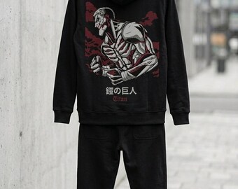 Attack On Titan Tracksuit Black Techwear Hoodie and Joggers Armored Titan Reiner Anime Set