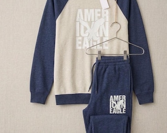 American Eagle Men's Blue Heather Fleece Crewneck Sweatshirt & Jogger Sweatpants Tracksuit Set