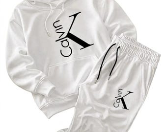 Mens White Calvin Klein Tracksuit Hoodie Joggers Sweatsuit Set Luxury Streetwear Matching Gift