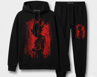 Anime Graphic Tracksuit Set: Black Hoodie and Joggers, Urban Streetwear Style