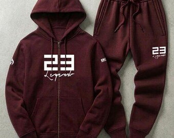 Men's Burgundy Zip Hoodie Jogger Tracksuit Set – Cotton Blend Athleisure Outfit