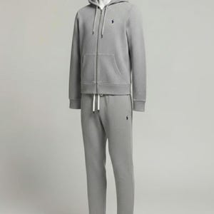 Mens Grey Polo Style Ralph Lauren Look Fleece Zip Hoodie Sweatpants Tracksuit Set Men image 4