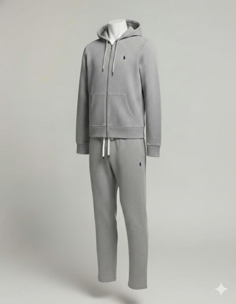 Mens Grey Polo Style Ralph Lauren Look Fleece Zip Hoodie Sweatpants Tracksuit Set Men image 4