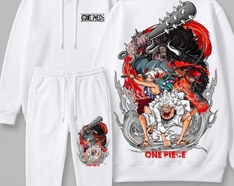 One Piece Gear 5 Luffy Kaido Wano Tracksuit | White Cotton Fleece Hoodie Jogger Set