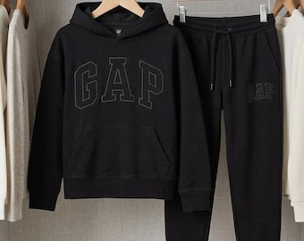 Mens Gap Black Sweatsuit Hoodie Joggers Printed Logo Fleece Tracksuit Polo Streetwear
