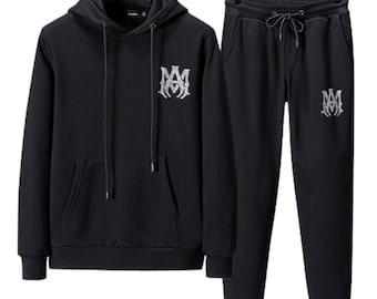 Unisex Amiri Men's Two-Piece Black Fleece Tracksuit Hoodie Jogger Set Luxury Streetwear Athleisure Outfit