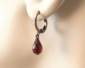 Peut inclure: Boucles d'oreilles créoles en argent avec une pierre rouge en forme de larme.