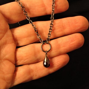 May include: A silver chain necklace with a dark red teardrop-shaped pendant.