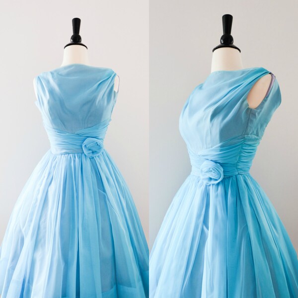 Vintage 1950s Blue Chiffon Dress with Rosette // 50s Fit n Flare- 50% OFF Coupon Code: CLEAROUT