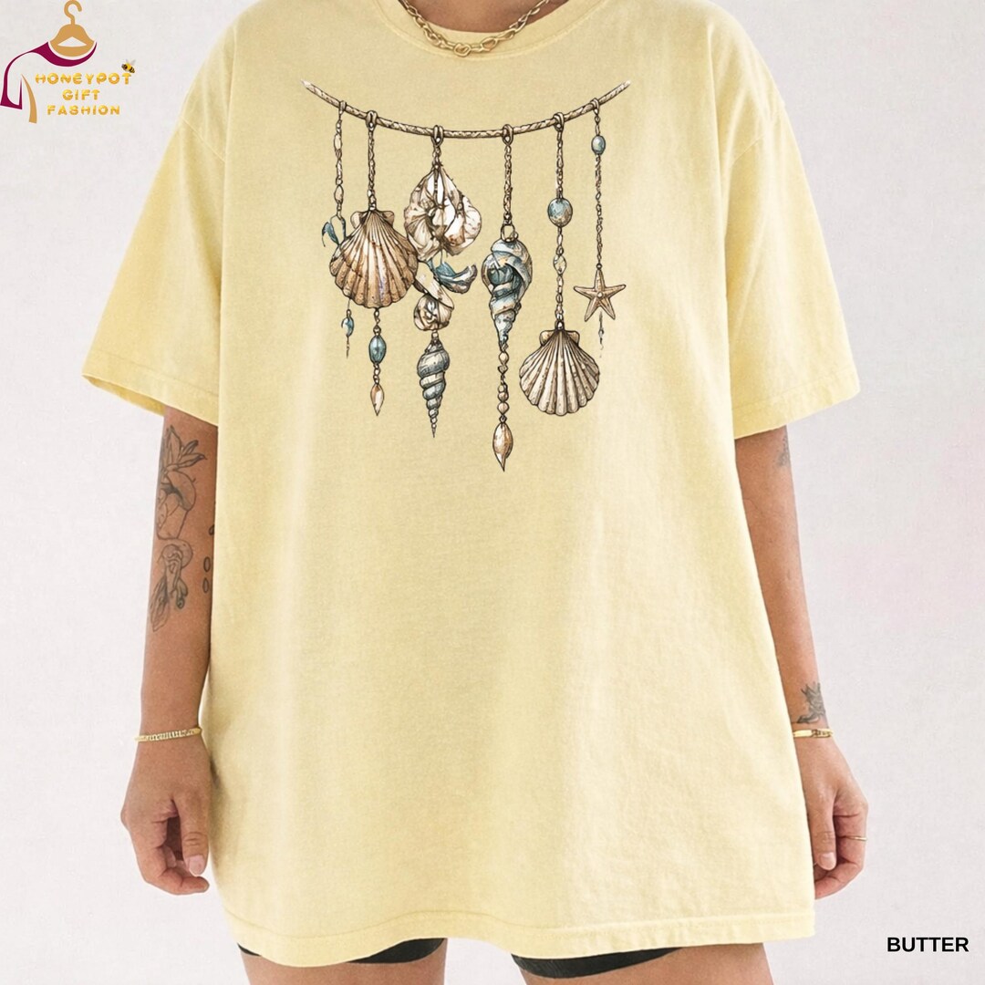 Shell Style Shirt Coastal Shell Hanging Shirt, Seashell Boho Graphic Tee, Beach Ornament ...