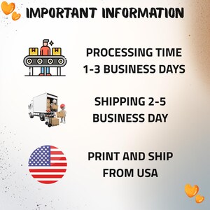 May include: An image with the text "IMPORTANT INFORMATION" at the top. Below, it details processing time as 1-3 business days, shipping as 2-5 business days, and states "PRINT AND SHIP FROM USA". Illustrations of a conveyor belt, a delivery truck, and an American flag are also present.