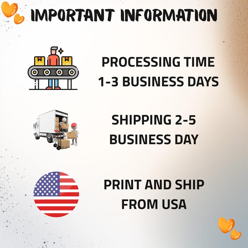 May include: An image with the text "IMPORTANT INFORMATION" at the top. Below, it details processing time as 1-3 business days, shipping as 2-5 business days, and states "PRINT AND SHIP FROM USA". Illustrations of a conveyor belt, a delivery truck, and an American flag are also present.