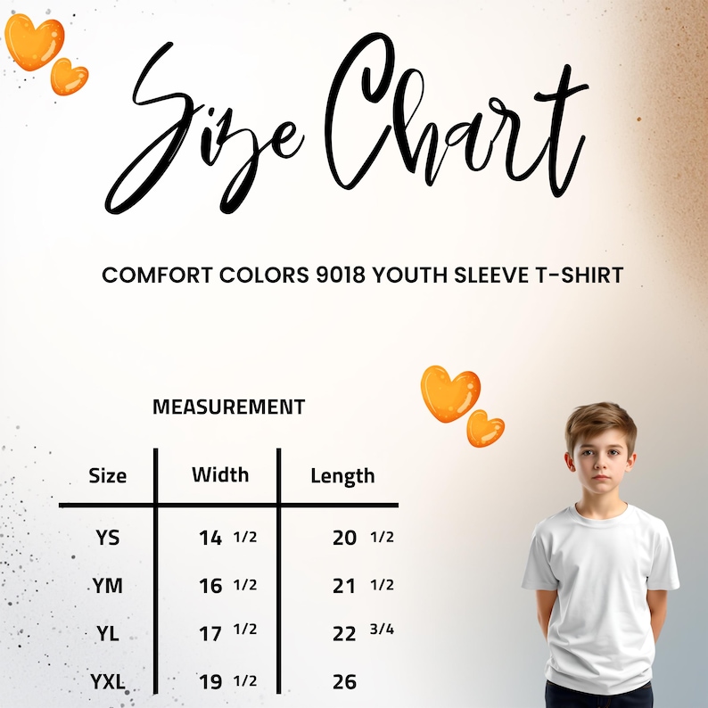 May include: Size chart for a Comfort Colors 9018 youth sleeve t-shirt. The chart includes measurements for width and length in inches for sizes YS, YM, YL, and YXL. A young person wearing a white t-shirt is in the image.