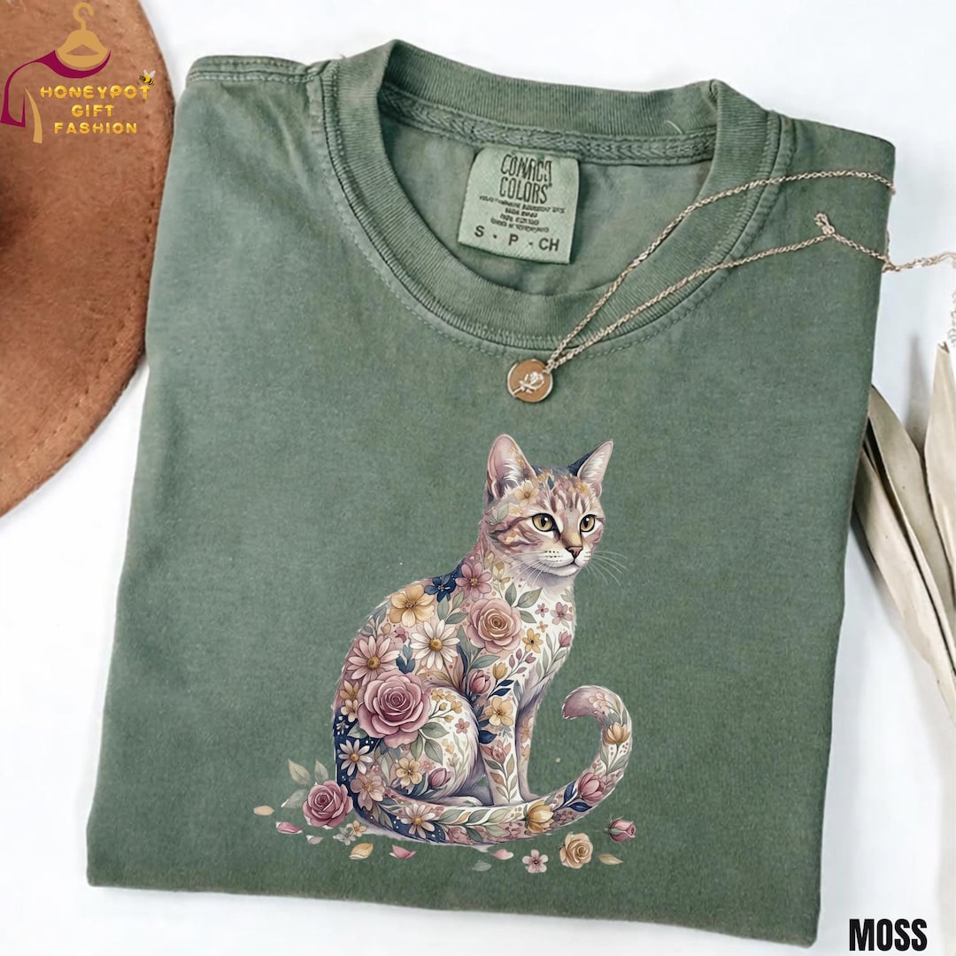 Floral Cat Shirt, Cute Botanical Cat Comfort Colors Tee, Cat Lover Gift ...