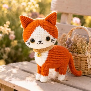 Puede incluir: Un juguete de gato tejido a ganchillo con hilo naranja y blanco, con grandes ojos de plástico negro, nariz y boca bordadas, y un collar color canela con un pequeño cascabel dorado. El gato tiene patas y pecho blancos, de pie sobre cuatro patas.