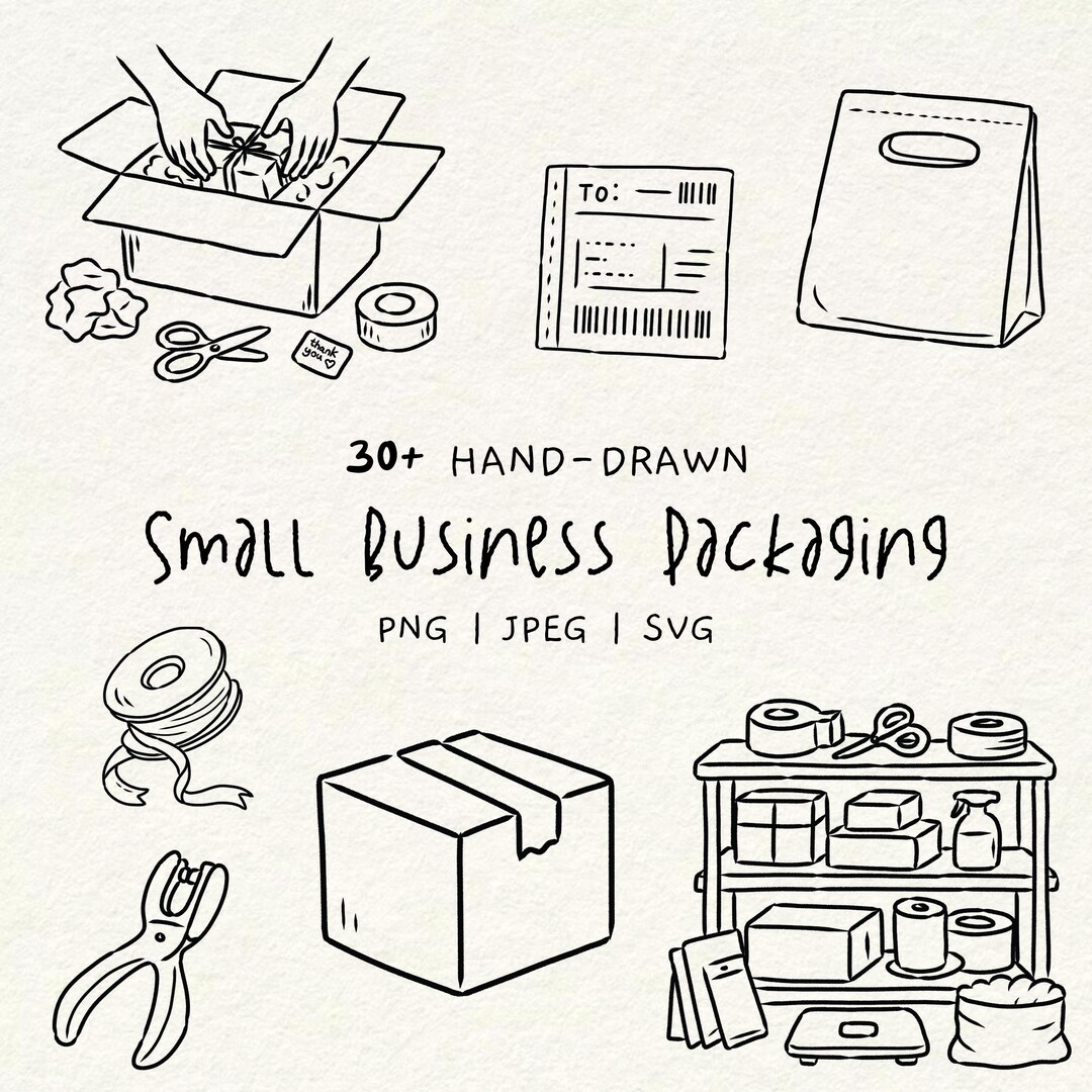 Hand-drawn Small Business Clipart, Packaging Line Art Illustrations ...