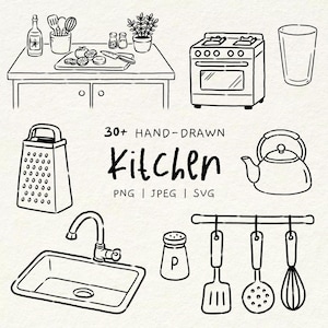 May include: A collection of hand-drawn kitchen illustrations in black and white. The image features a stove, sink, grater, chopping board with vegetables, utensils, and the text "30+ HAND-DRAWN Kitchen PNG | JPEG | SVG."