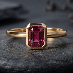 Ruby Emerald Cut Ring, Gold Bezel Set Solitaire Engagement Ring, October Birthstone Promise Gift for Her