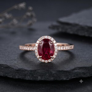 May include: An oval-cut deep red ruby ring set in rose gold. The centre stone is surrounded by a halo of small round white diamonds, with additional small diamonds embedded along the thin rose gold band, creating a classic and elegant appearance.