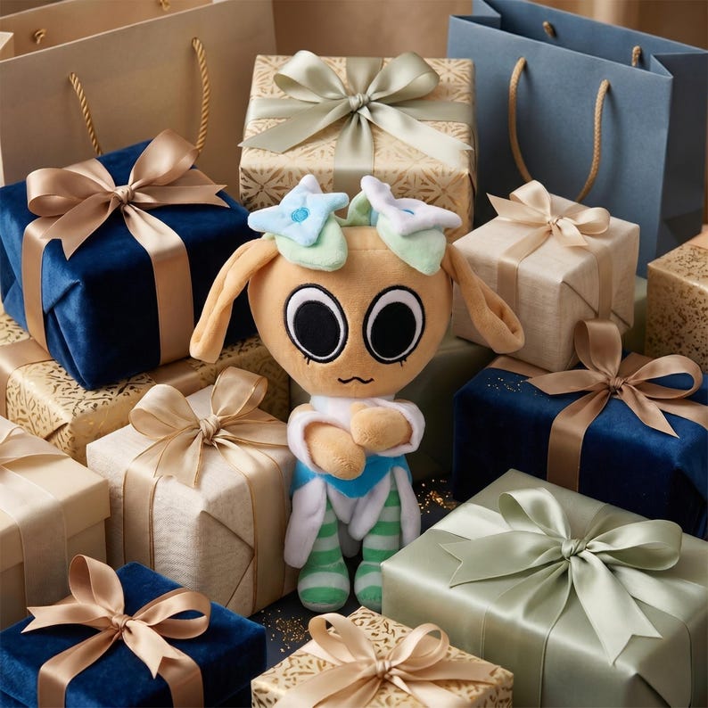 Pu&ograve; includere: Un peluche con grandi occhi e lunghe orecchie, circondato da scatole regalo e borse della spesa. I regali sono in vari colori, tra cui blu navy, oro e crema, e sono legati con nastri di raso. Il giocattolo indossa un completo blu e bianco.