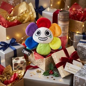 Pode incluir: Um brinquedo de pel&uacute;cia colorido em forma de flor com um rosto sorridente, rodeado por presentes embrulhados. A flor tem p&eacute;talas vermelhas, laranja, amarelas, verdes, azuis e roxas. Alguns presentes t&ecirc;m la&ccedil;os e etiquetas com a frase "To: My Favorite Monster".