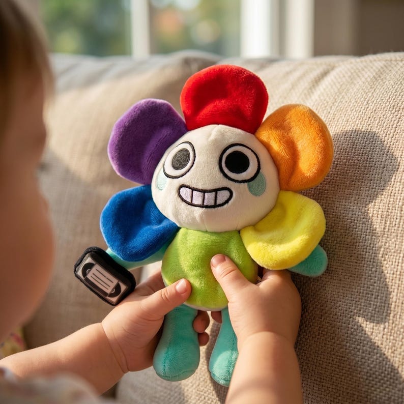 Pode incluir: Um brinquedo de pel&uacute;cia colorido em forma de flor com um rosto sorridente, l&aacute;grimas e um ret&acirc;ngulo preto com um desenho branco. A flor tem p&eacute;talas vermelhas, laranja, amarelas, verdes, azuis e roxas. O brinquedo &eacute; segurado por uma crian&ccedil;a.